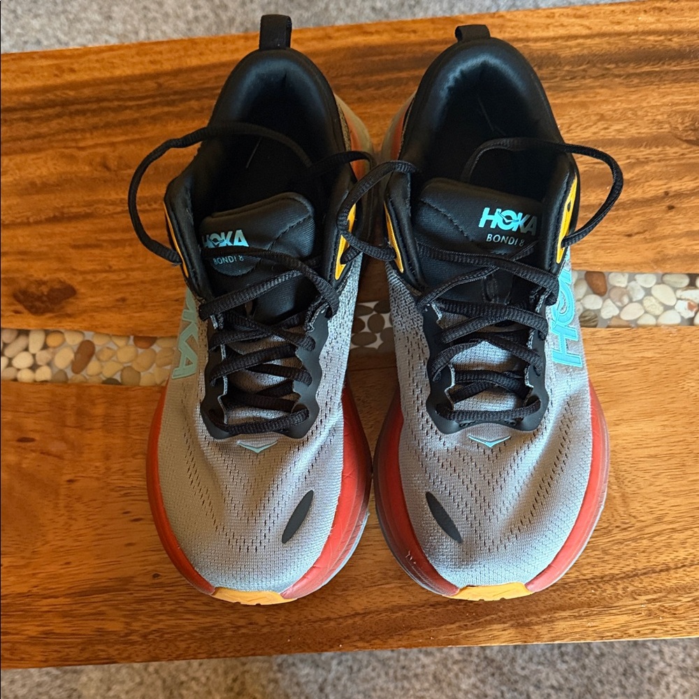 Hoka Bondi 8 Size 7.5B Women’s Gray Athletic Shoes with Red and Yellow Accents